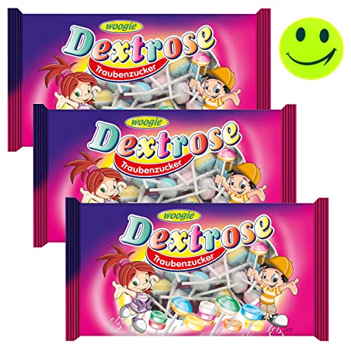 3 x Woogie Dextrose Lolly I Leckere Bunte Großpackung Lollipops 400g I Partybag Süßigkeiten zum verteilen I Plus Smiley Aufkleber von Woogie