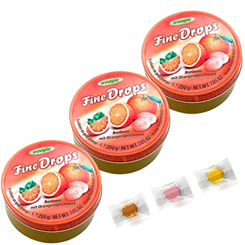 3 x Woogie Fine Drops Orange in 200g Metalldose I Bonbons mit Orangengeschmack 200g I + 3 Gilties Test Frucht Drops von Woogie