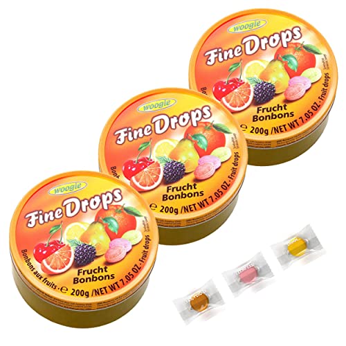 3 x Woogie Frucht-Bonbons "Fine Drops" in der wiederverschließbaren 200g Dose I Fruchtdrops I + 3 Gratis Gilties Test Drops von Woogie