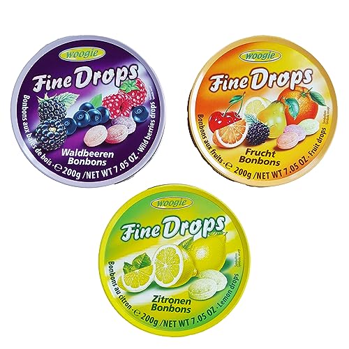 Woogie 3 x 200g Fine Drops Waldbeeren | Frucht | Zitronen Bonbons Vorteilspackung Set von Woogie