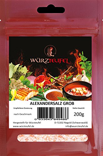 Alexandersalz grob (umgangssprachlich Himalayasalz). Hochwertiges, dekoratives und vitalisierendes Steinsalz aus Pakistan/Punjab-Provinz. Beutel 200g von Würzteufel