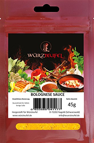 Bolognese Soße, Bolognese - Sauce in Restaurantqualität. Vegan. Frei von Geschmacksverstärkern. Kalorienreduziert. 2 Beutel je 45g (für 1 Liter Soße oder 30 Portionen). von Würzteufel