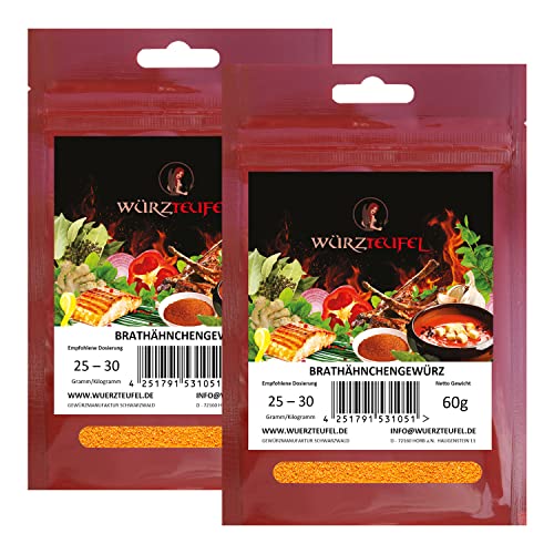 Brathähnchen - Gewürzzubereitung, Bayrisches Brathendl - Gewürz, Chicken - Gewürz, Feines Hähnchengewürz. 2 Beutel je 60g (120g) Brathähnchen - Gewürzzubereitung, Bayrisches Brathendl - Gewürz, Chicken - Gewürz, Feines Hähnchengewürz. 2 Beutel je 60g (120g) von Würzteufel
