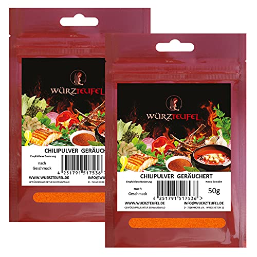 Chili geräuchert, fein gemahlen, Chilipulver geräuchert, Smoked Chili. 2 Beutel je 50g. (100g). von Würzteufel