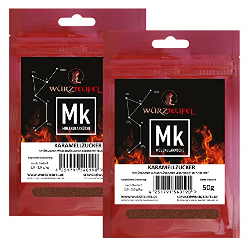 Karamellzucker, Karamelisierter Zucker - natürlicher Farbstoff, braune Lebensmittelfarbe aus Zucker. 2 Beutel je 50g (100g.) von Würzteufel