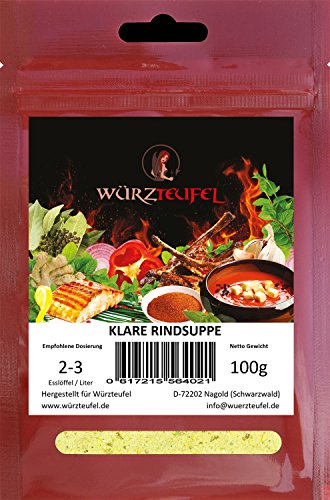 Klare Rindersuppe, Rindssuppe, delikate Rinderbrühe, Rindsbouillon, Restaurantqualität ohne Zusatzstoffe, Vegan. Beutel: 100g Klare Rindersuppe, Rindssuppe, delikate Rinderbrühe, Rindsbouillon, Restaurantqualität ohne Zusatzstoffe, Vegan. Beutel: 100g von Würzteufel