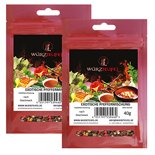 Pfeffer - Mix, Exotische Mischung aus 5 Pfeffer - Sorten. Mit Szechuan - Pfeffer und rosa Pfeffer. Premiumqualität. 2 Beutel je 40g (80g) von Würzteufel