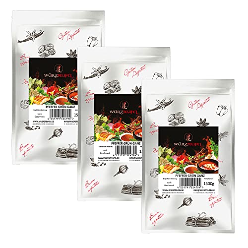 Pfeffer grün, ganzes Korn. Grüner Pfeffer ganz aus Indien, Handverlesene Premiumqualität, Keimreduziert. 3 Beutel je 1500g (4,5KG) von Würzteufel