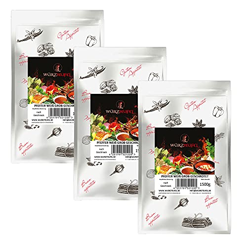 Pfeffer weiß halbes Korn, Pfeffer weiss grob geschrotet, Steakpfeffer, Keimreduziert. Premiumqualität aus Indonesien. 3 XL - Beutel je 1500g (4,5KG) von Würzteufel