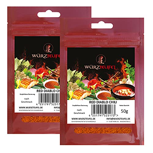 Red Diavolo Chili. Diabolo - Chilipulver. Sehr scharfer und sehr aromatischer Chili 100.000 Scoville - Einheiten aus Indien. 2 Beutel je 50g. (100g) von Würzteufel