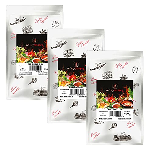 Red Diavolo Chili. Diabolo - Chilipulver. Sehr scharfer und sehr aromatischer Chili 100.000 Scoville - Einheiten aus Indien. 3 Beutel je 1500g (4,5KG) von Würzteufel