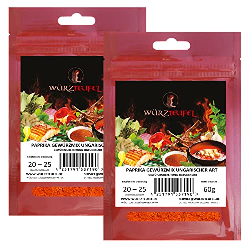 Paprika-Gewürzmix Ungarischer Art, Spießbraten - Gewürz Zigeuner Art. Rollbraten – Gewürz. 2 Beutel je 60g (120g) Paprika-Gewürzmix Ungarischer Art, Spießbraten - Gewürz Zigeuner Art. Rollbraten – Gewürz. 2 Beutel je 60g (120g) von Würzteufel