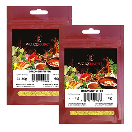 Zitronenpfeffer, Zitronen - Pfeffer Grill - Gewürz für Fisch und Meeresfrüchte. 2 Beutel je 60g (120g) Zitronenpfeffer, Zitronen - Pfeffer Grill - Gewürz für Fisch und Meeresfrüchte. 2 Beutel je 60g (120g) von Würzteufel
