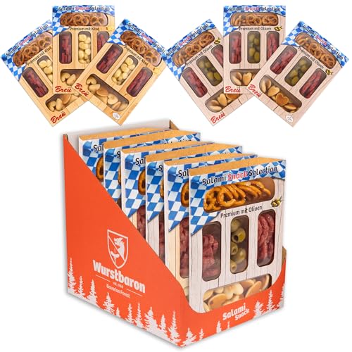 Snack Selection Premium 6er-Set Olive und Käse, Snackbox mit Salami, Salzgebäck, Gebäckherzen und Oliven und Käse, 6 x 80g Snacks von Wurstbaron