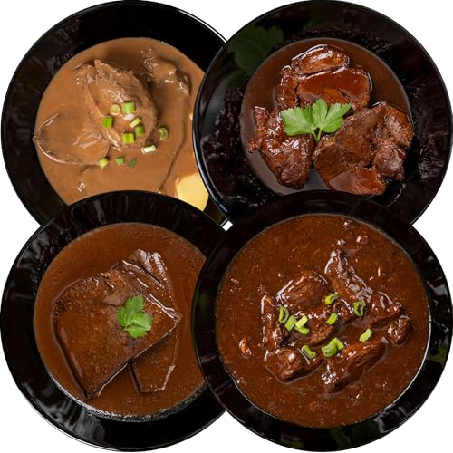 WURSTBARON® Gourmet-Mahlzeit, Fertiggericht wie selbst gekocht, geschmorte Ochsen-Bäckchen, Gulasch, Sauerbraten, Tafelspitz oder Thai Curry Pute, wie frisch zubereitet (4 Portionen, Mix) von Wurstbaron