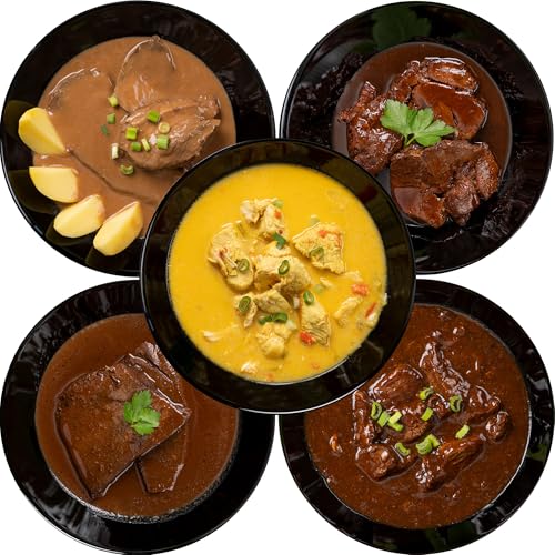 WURSTBARON® Gourmet-Mahlzeit, Fertiggericht wie selbst gekocht, geschmorte Ochsen-Bäckchen, Gulasch, Sauerbraten, Tafelspitz oder Thai Curry Pute, wie frisch zubereitet (5 Portionen, Mix) von Wurstbaron