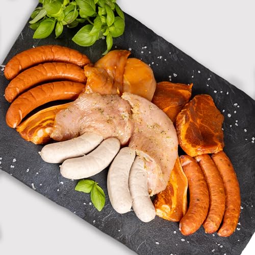 WURSTBARON® gemischtes Grillpaket mit Schwein, Pute, Hühnchen und Würstchen, 3kg mit Bratwurst, original österreichischen Burenwurst/Klobasse, Chili-Käsekrainer, Maishendl, Wammerl, Schweine-Nackenst von Wurstbaron