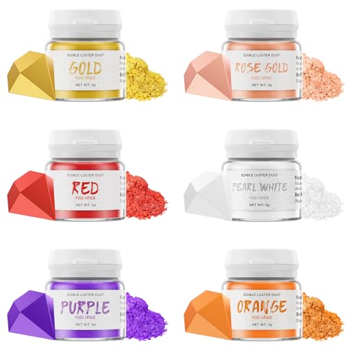 Wwtop Essbarer Glitzer - 3g x 6 Farben Glitzerpulver für Getränke, Gold Roségold Perle Weiß Orange Lila Rot Lebensmittel Glitzer, Glitzerpuder für Schokolade, Kuchen, Fondant, Cocktails, Drinks von Wwtop