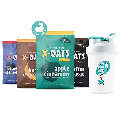 X-OATS® Frühstücksshake mit viel Protein und Ballaststoffen-8x70gr Porridge shake|zuckerarm, Vegan & glutenfrei|8er-Pack [2xApfel/Zimt,2xKaffee/Kakao,2xBanane/Schoko,2xBlaubeer/Erdbeer],MIT Shaker von X-OATS