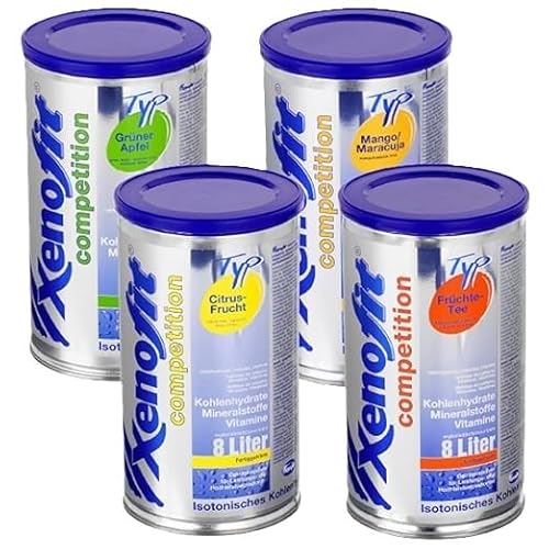 Xenofit competition 4er-Set | Geschmacksrichtungen: Maracuja, Citrus-Frucht, Früchte-Tee und Grüner Apfel | Dosen mit Getränkepulver | Gesamtinhalt: ca. 2700 g (jede Dose ergibt ca. 8 l Fertiggetränk) von Xenofit