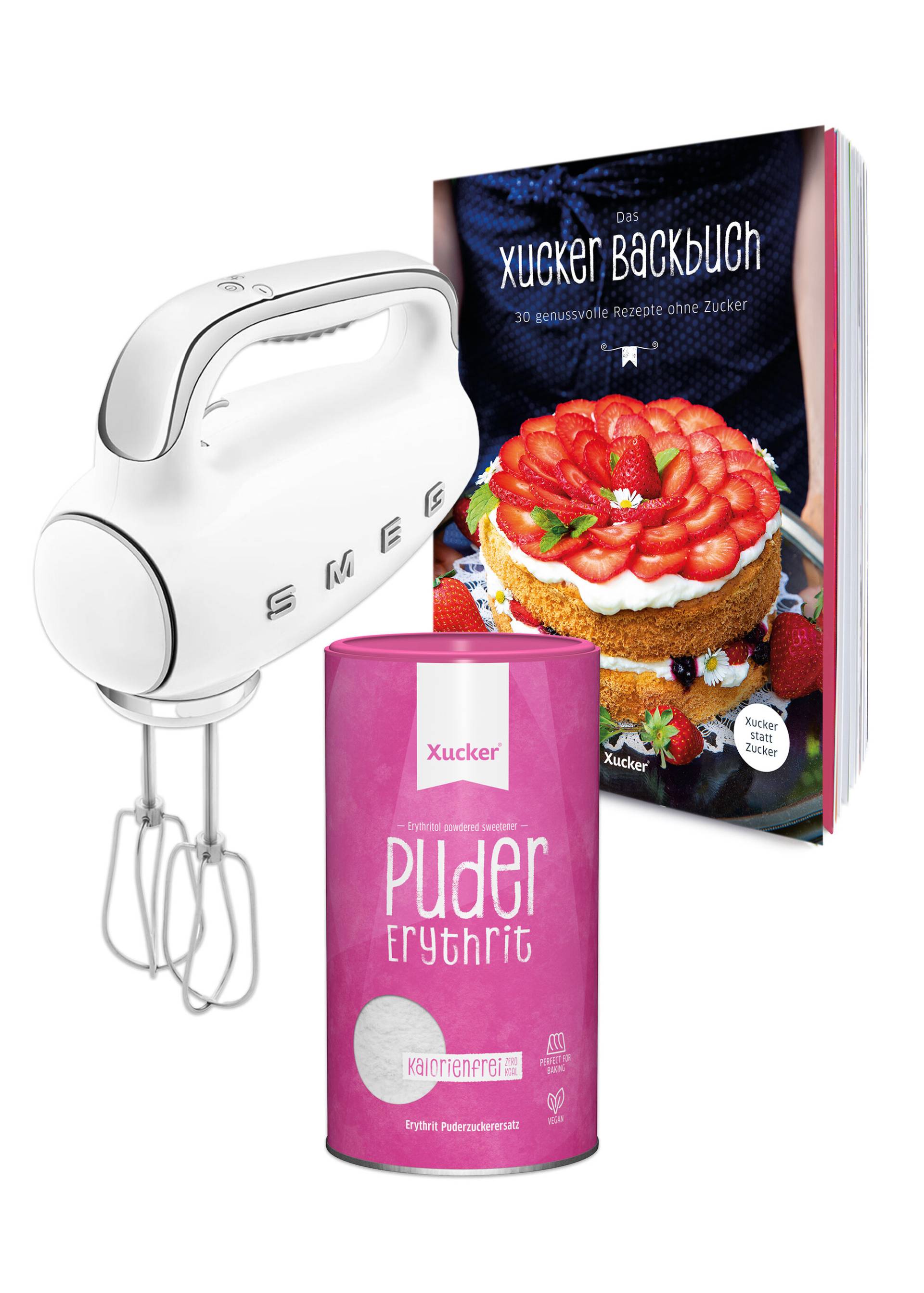 Set: SMEG Handmixer Weiß, Xucker Backbuch & Pudererythrit von Xucker