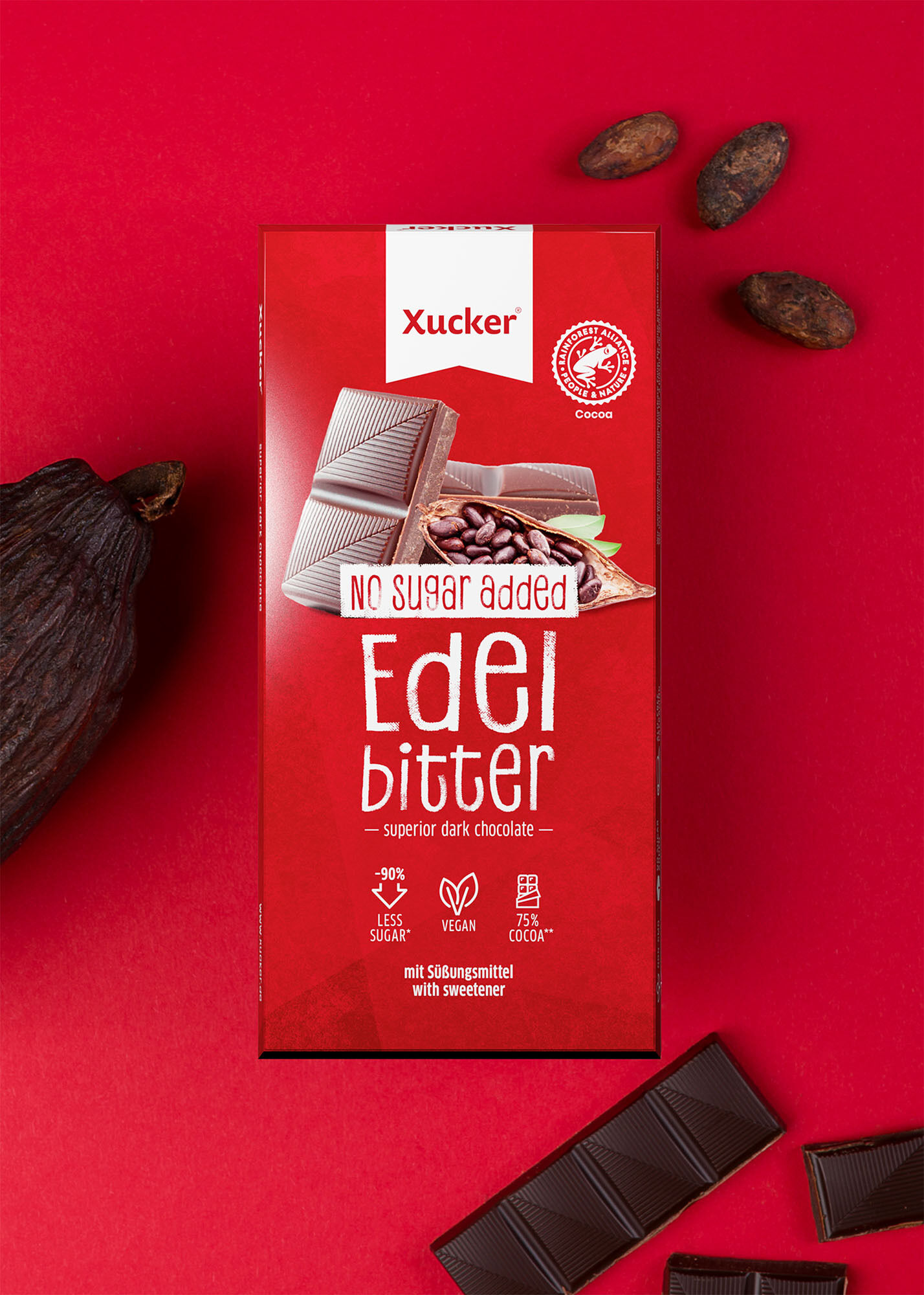 Vegane Edelbitter-Schokolade mit Xylit (75 % Kakao) von Xucker