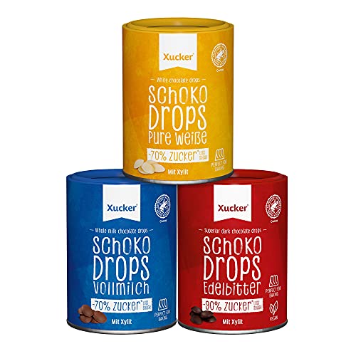 Xucker Schoko-Drops Schokolade mit Xylit - Zuckerreduzierte mit Zuckerersatz I Chocolate Drops zum Backen (Vollmilch / weiße / Edelbitter / 3 x 200g) von Xucker