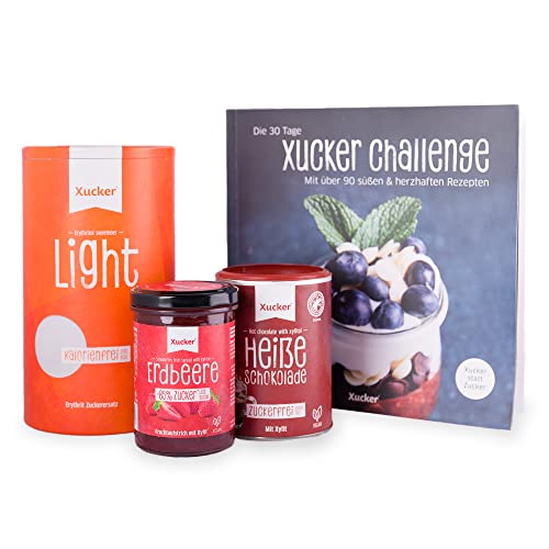 Xucker Set S I Xucker Light kalorienfreies Erythrit + Fruchtaufstrich Erdbeere + Heiße Schokolade Getränkepulver + Rezeptbuch I vegan und ohne Zuckerzusatz von Xucker