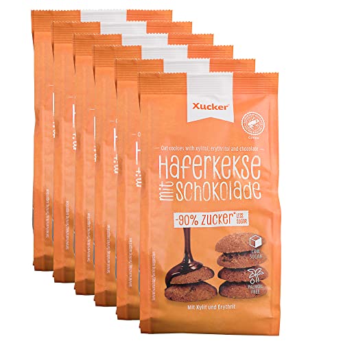 Xucker Knusperkekse mit Hafer und Xylit-Vollmilchschokolade, zuckerarme Xylit-Hafer-Schokokekse, 6er Pack (6 x 125 g) von Xucker