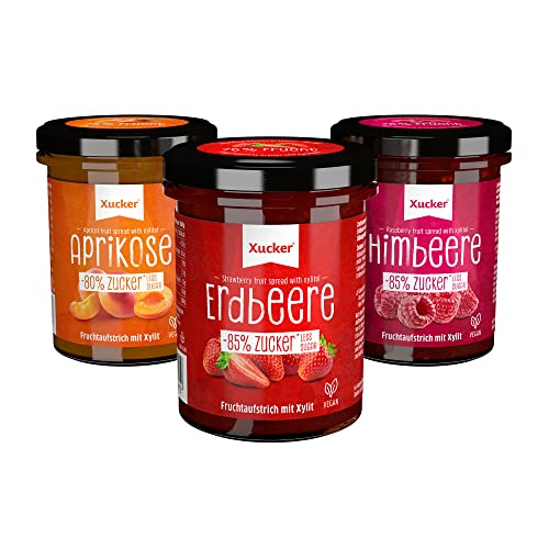 Xucker Marmelade Fruchtaufstrich-Kombi, 3 Sorten Erdbeere, Aprikose & Himbeere (74% Frucht), 3 x 220 g - Xylit, ohne Gentechnik, vegan, zuckerarm von Xucker