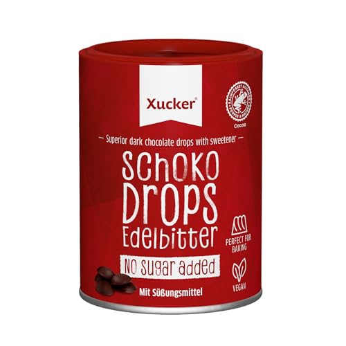 Xucker Schoko-Drops Edelbitter mit Xylit - Schokolade Zuckerersatz -Vegane Schokodrops -Zuckerreduzierte Süßigkeiten zum Backen (min. 75% Kakaoanteil / 200g) | 200 g (1er Pack) von Xucker
