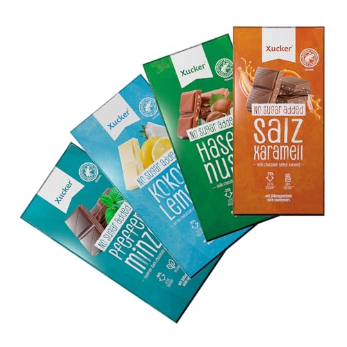 Xucker Schokolade mit Xylit Spezial Mix - No Added Sugar I 4er Set I Xucker-Karamell mit Meersalz I Vollmilch-Haselnuss I Kokos & Lemon I Edelbitter-Pfefferminz (4x80g) von Xucker