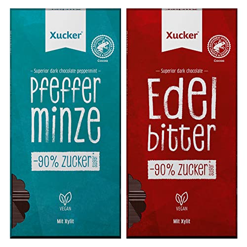 Xucker Schokolade mit Xylit Vegan Mix - No Added Sugar I vegane Schokolade I 2er Set I Edelbitter & Edelbitter-Pfefferminz (2x80g) von Xucker