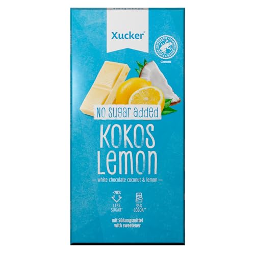 Xucker Weiße Schokolade Kokos & Lemon - Leckere Weiße Schokolade mit Kokos und Zitronen Öl und Xylit Zuckerersatz I 35% Kakaoanteil (80g) von Xucker