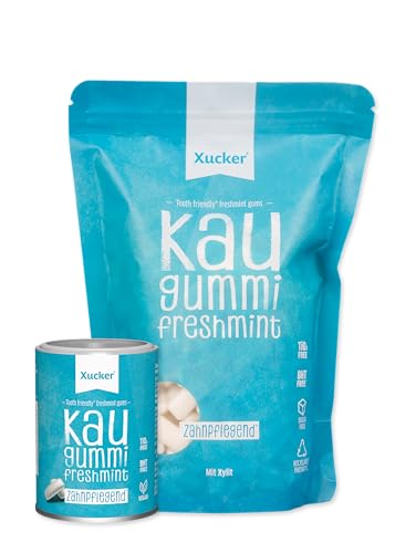 Xucker Zuckerfreie Zahnpflege Kaugummis - Xylit Kaugummis zuckerfrei mit Freshmint Geschmack I Vegane Xylitol Kaugummis I Zahnpflege & gegen Mundgeruch I Dose 100g + Beutel 600g (Freshmint Set) von Xucker