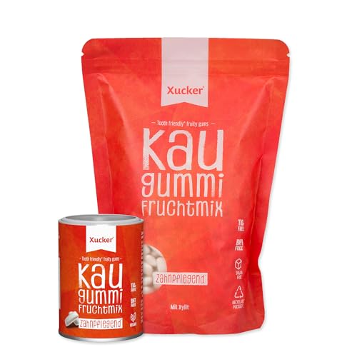 Xucker Zuckerfreie Zahnpflege Kaugummis Fruchtmix - Xylit Kaugummi zuckerfrei mit Frucht-Geschmack I Vegane Xylitol Kaugummis zur Zahnpflege und gegen Mundgeruch (Dose 100g + Beutel 600g) von Xucker