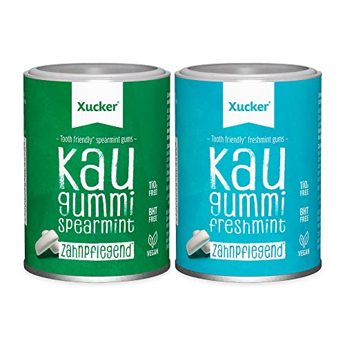 Xucker Zuckerfreie Zahnpflege Kaugummis Set - Xylit Kaugummi zuckerfrei mit Spearmint & Freshmint Geschmack I Vegane Xylitol Kaugummis zur Zahnpflege und gegen Mundgeruch (2x 100g) von Xucker