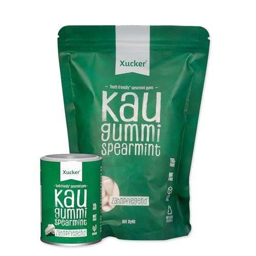 Xucker Zuckerfreie Zahnpflege Kaugummis - Xylit Kaugummis zuckerfrei mit Spearmint Geschmack I Vegane Xylitol Kaugummis I Zahnpflege & gegen Mundgeruch I Dose 100g + Beutel 600g (Spearmint Set) von Xucker