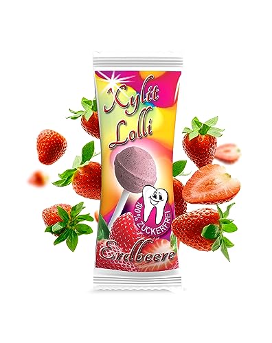 Xylit Birkenzucker Lolli Erdbeere - zuckerfreier Dauerlutscher mit echtem Fruchtpulver | 25 Stk x 6g einzeln verpackt | Zahnpflege Lollipop | vegan & kalorienreduziert von Xund Xüsst