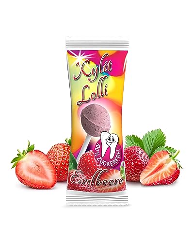 Xylit Birkenzucker Lolli Erdbeere - zuckerfreier Dauerlutscher mit echtem Fruchtpulver | 50 Stk x 6g einzeln verpackt | Zahnpflege Lollipop | vegan & kalorienreduziert von Xund Xüsst