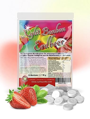 Xylit Birkenzucker Bonbons ERDBEER | 100% mit Xylit gesüsst | 70g Inhalt | 35 Bonbons einzeln verpackt | mit natürlichem Aroma | zahnfreundlich … von Xund Xüsst