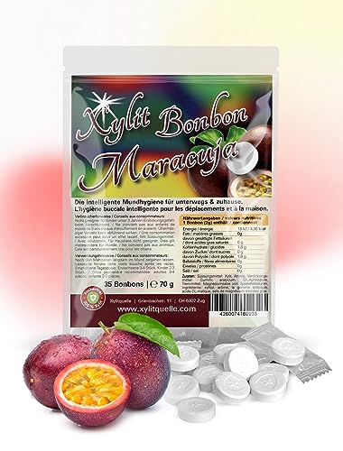 Xylit Birkenzucker Bonbons MARACUJA (Passionsfrucht) | 100% mit Xylit gesüsst | 70g Inhalt | 35 Bonbons einzeln verpackt | mit natürlichem Aroma | zahnfreundlich … von Xund Xüsst