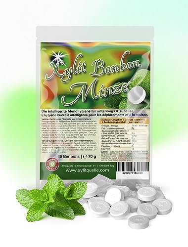 Xylit Bonbons | Tschüß Karies: 35 Zahnpflegebonbons mit 100% Birkenzucker Xylit | zuckerfrei, zahnfreundlich, vegan, einzeln verpackt | Minzgeschmack von Xund Xüsst