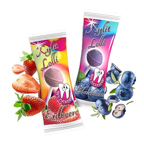 Xylit Birkenzucker Lolli Mix: 25 x Erdbeere & 25 x Blaubeere - zuckerfreie Dauerlutscher mit echtem Fruchtpulver | 50 Stk x 6g | Zahnpflege Lollipop | vegan & kalorienreduziert von Xund Xüsst