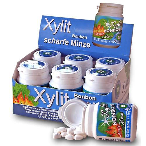 Xylit Birkenzucker Bonbon Frische Minze für angenehmen Atem | ohne Aspartam | 6 Dosen zu je 100 Stk | 600 Bonbons - 420 g Inhalt von Xund Xüsst