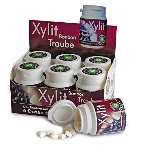 Xylit Birkenzucker Bonbon Blaue Traube (Grape) | zuckerfrei mit Xylit gesüßt | ohne Aspartam | 6 Dosen zu je 100 Stk | 600 Bonbons - 420 g Inhalt von Xund Xüsst