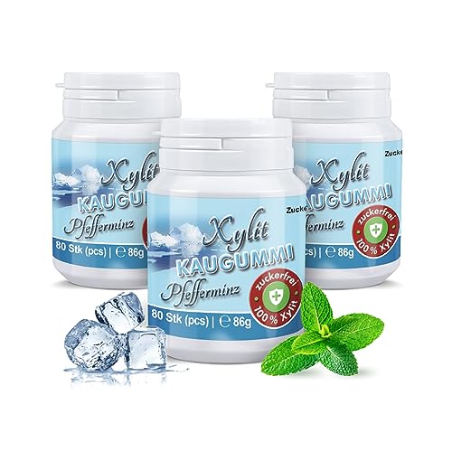Xylit Kaugummi | Tschüß Karies: 240 zuckerfreie Zahnpflegekaugummi mit 100% Xylit, ohne Aspartam, vegan | Pfefferminz (3er Pack) von Xund Xüsst