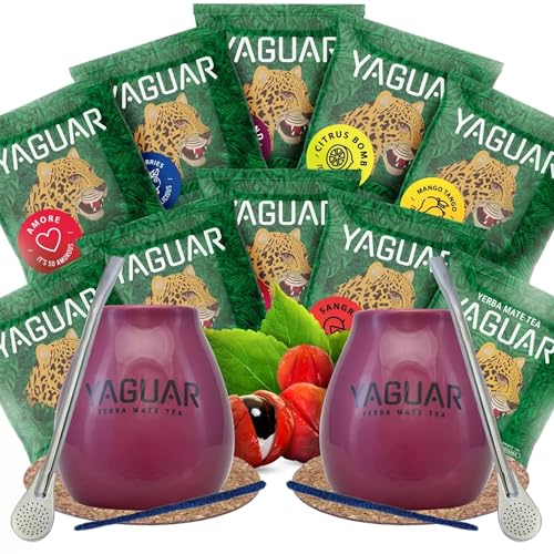 Mate-Tee-Probenset mit Zubehör | Mate Tee Yaguar | 2x Kalebasse, 2x Mate Tee Bombilla | 10x50g | Mate Tee aus Brasilien | Natürliches Koffein | 500g | 0,5kg Mate-Tee-Probenset mit Zubehör | Mate Tee Yaguar | 2x Kalebasse, 2x Mate Tee Bombilla | 10x50g | Mate Tee aus Brasilien | Natürliches Koffein | 500g | 0,5kg von YAGUAR