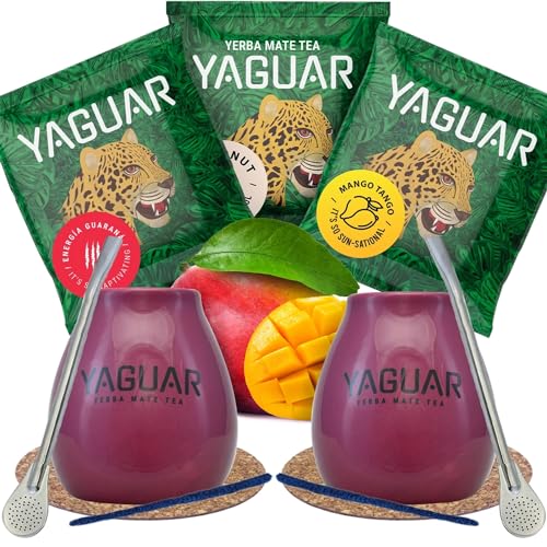 Mate-Tee-Probenset mit Zubehör | Mate Tee Yaguar | 2x Kalebasse, 2x Mate Tee Bombilla | 3x50g | Mate Tee aus Brasilien | Natürliches Koffein von YAGUAR