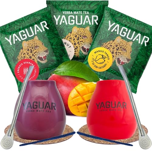 Mate-Tee-Probenset mit Zubehör | Mate Tee Yaguar | 2x Kalebasse, 2x Mate Tee Bombilla | 3x50g | Mate Tee aus Brasilien | Natürliches Koffein von YAGUAR